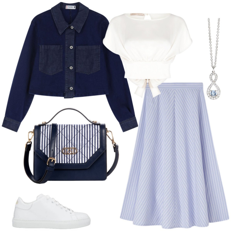 Outfit donna - Preppy girl. Stile Preppy per Tutti i giorni. Abbinamento con sneakers, borse a mano, bluse, blazer, ciondoli, gonne longuette.