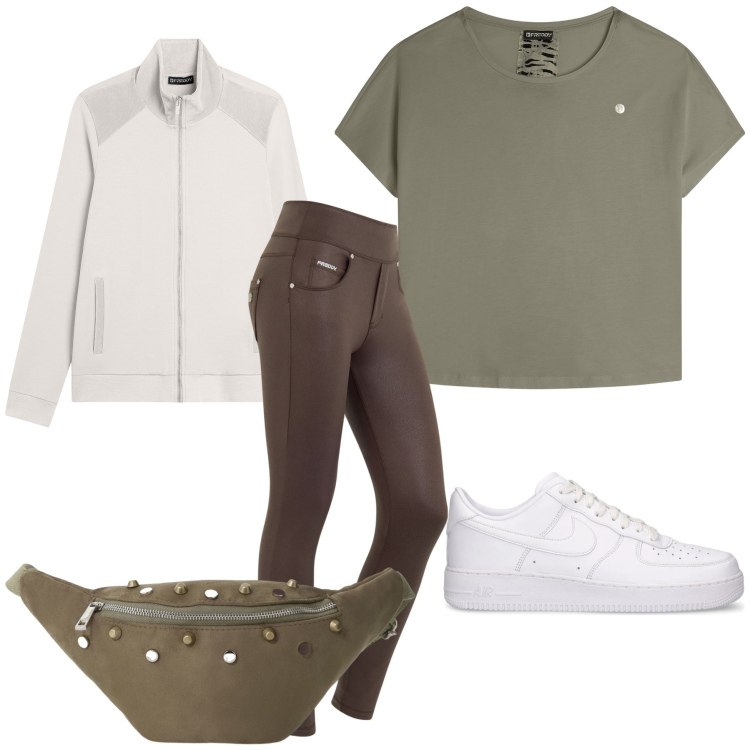 Outfit donna - Sabato dí sport. Stile Basic per Sport. Abbinamento con t-shirt, felpe, jeans skinny, marsupi, sneakers.