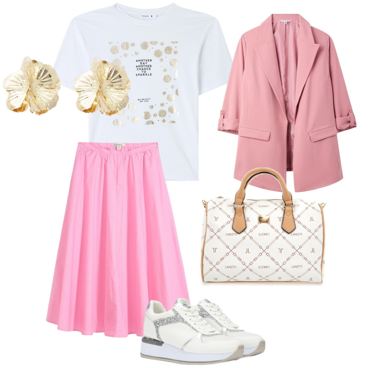 Outfit donna - Caffè e cornetto. per Tutti i giorni. Abbinamento con gonne longuette, t-shirt, blazer, orecchini, borse a mano, sneakers.