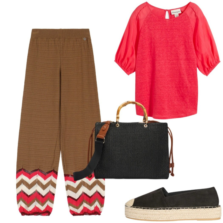 Outfit donna - Dettagli rossi in città. Stile Casual chic per Tutti i giorni. Abbinamento con bluse, espadrillas, pantaloni, borse a mano.