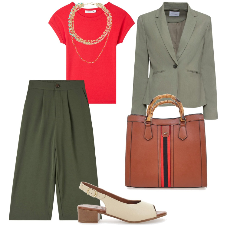 Outfit donna - A scuola. per Scuola/Università. Abbinamento con blazer, pantaloni a palazzo, t-shirt, collane, sandali col tacco, borse a tracolla.