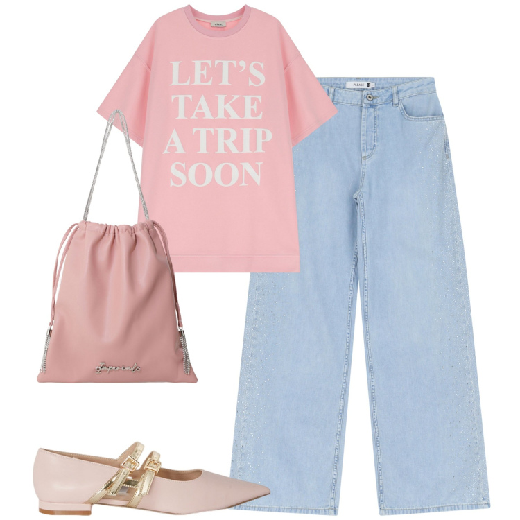 Outfit donna - City. Stile Casual chic per Tutti i giorni. Abbinamento con jeans, borse a secchiello, vestiti corti, ballerine.