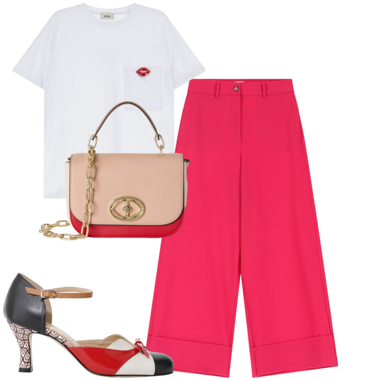 Outfit donna - City. Stile Urban per Tutti i giorni. Abbinamento con pantaloni a palazzo, décolleté, t-shirt, borse a tracolla.