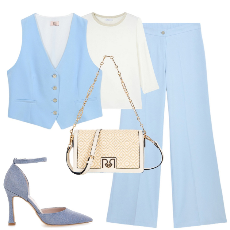 Outfit donna - City. Stile Trendy per Tutti i giorni. Abbinamento con borse a tracolla, décolleté, gilet, t-shirt, pantaloni a palazzo.