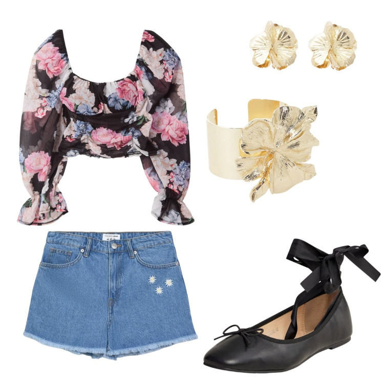 Outfit donna - Fiori e fiori. Stile Basic per Serata fuori. Abbinamento con shorts, bluse, ballerine, braccialetti, orecchini.