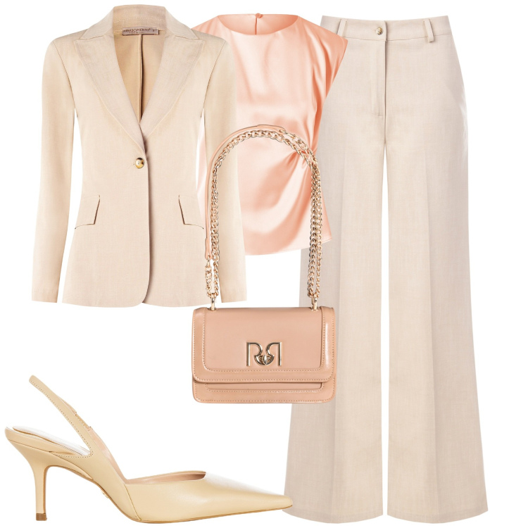 Outfit donna - Rinascimento. Stile Chic per Cerimonia. Abbinamento con pantaloni, top, blazer, décolleté, borse a tracolla.