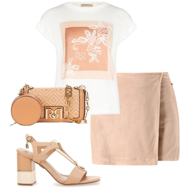 Outfit donna - City. Stile Urban per Tutti i giorni. Abbinamento con t-shirt, borse a tracolla, minigonne, sandali col tacco.