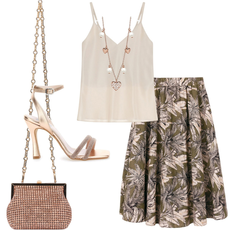 Outfit donna - Total look #2122664. Stile Glamour per Serata fuori. Abbinamento con collane, top, sandali col tacco, clutch, gonne longuette.