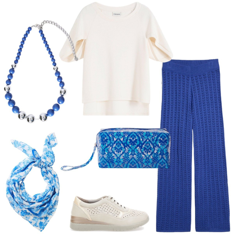 Outfit donna - Bluette. Stile Casual per Tutti i giorni. Abbinamento con pantaloni, bluse, foulard, pochette, sneakers, collane.