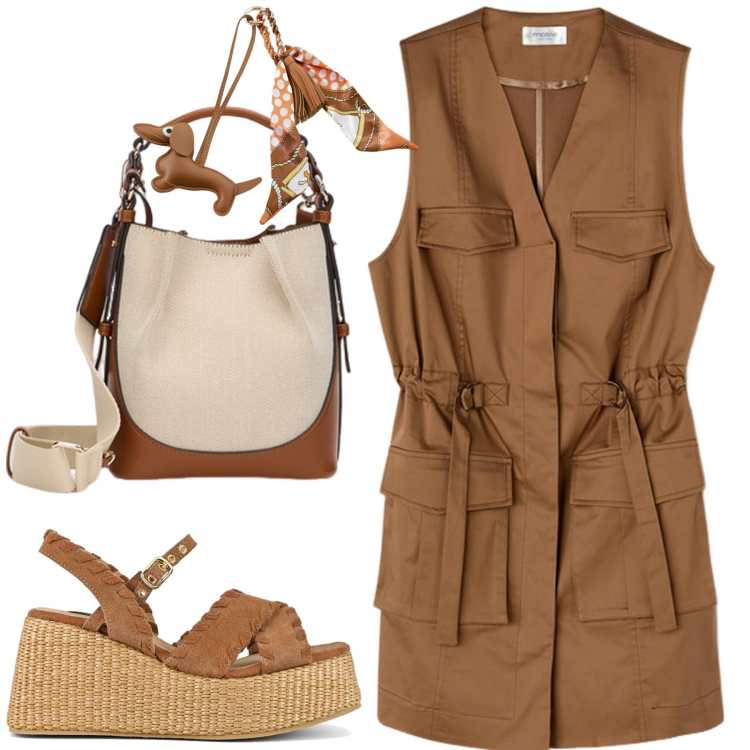Outfit donna - City. Stile Trendy per Tutti i giorni. Abbinamento con portachiavi, zeppe, vestiti senza maniche, borse a mano.