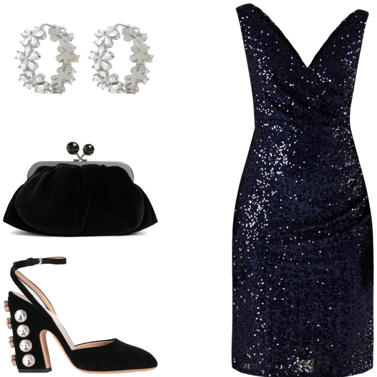 Outfit donna - Gran galà. Stile Glamour per Serata fuori. Abbinamento con orecchini, décolleté, vestiti a tubino, pochette.