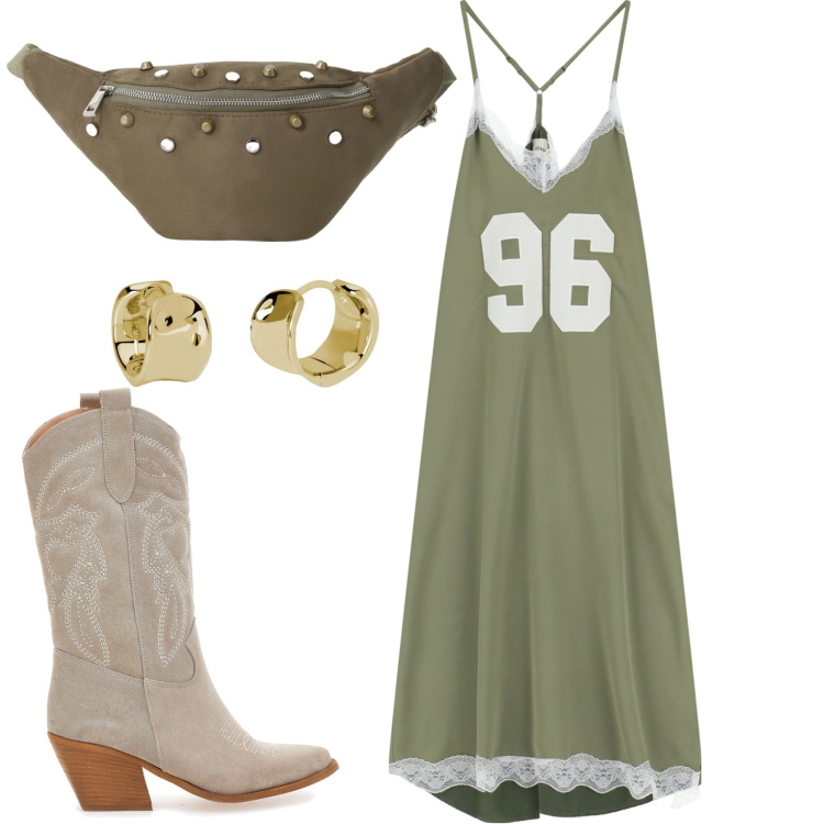 Outfit donna - City. Stile Trendy per Tutti i giorni. Abbinamento con orecchini, marsupi, vestiti lunghi, stivaletti texani.