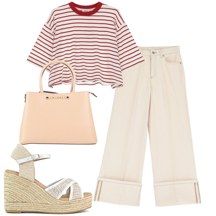 Outfit donna - City. Stile Casual per Tutti i giorni. Abbinamento con borse a mano, pantaloni, t-shirt, zeppe.