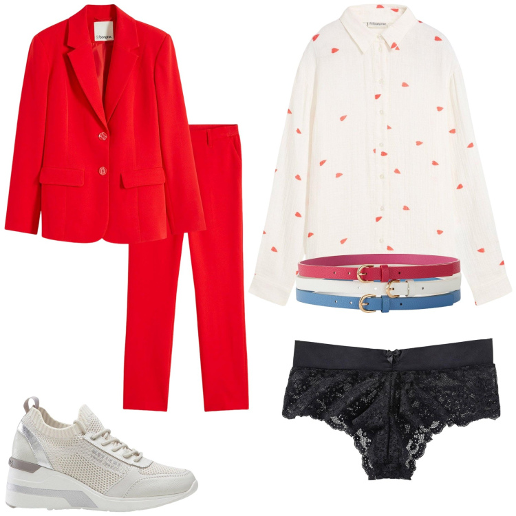 Outfit donna - Rosso fragola. Stile Casual chic per Ufficio. Abbinamento con camicie, culotte, sneakers, giacche, cinture.