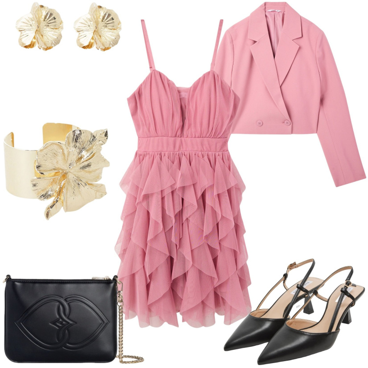 Outfit donna - Tonalità di rosa a maggio. Stile Glamour per Serata fuori. Abbinamento con blazer, sabot, vestiti corti, braccialetti, orecchini, pochette.