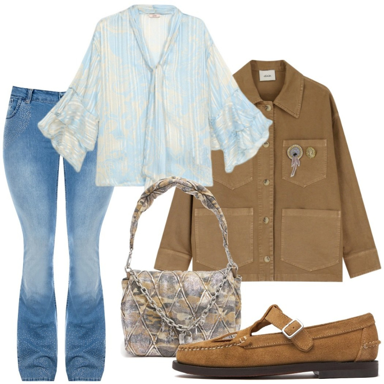 Outfit donna - Casual con stile. Stile Boho per Tutti i giorni. Abbinamento con blazer, jeans a zampa, bluse, mocassini, borse a spalla.