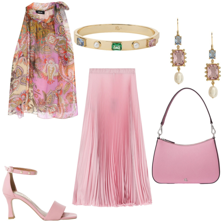 Outfit donna - Tonalità di rosa a maggio. Stile Chic per Serata fuori. Abbinamento con gonne lunghe, sandali col tacco, top, braccialetti, borse a spalla, orecchini.