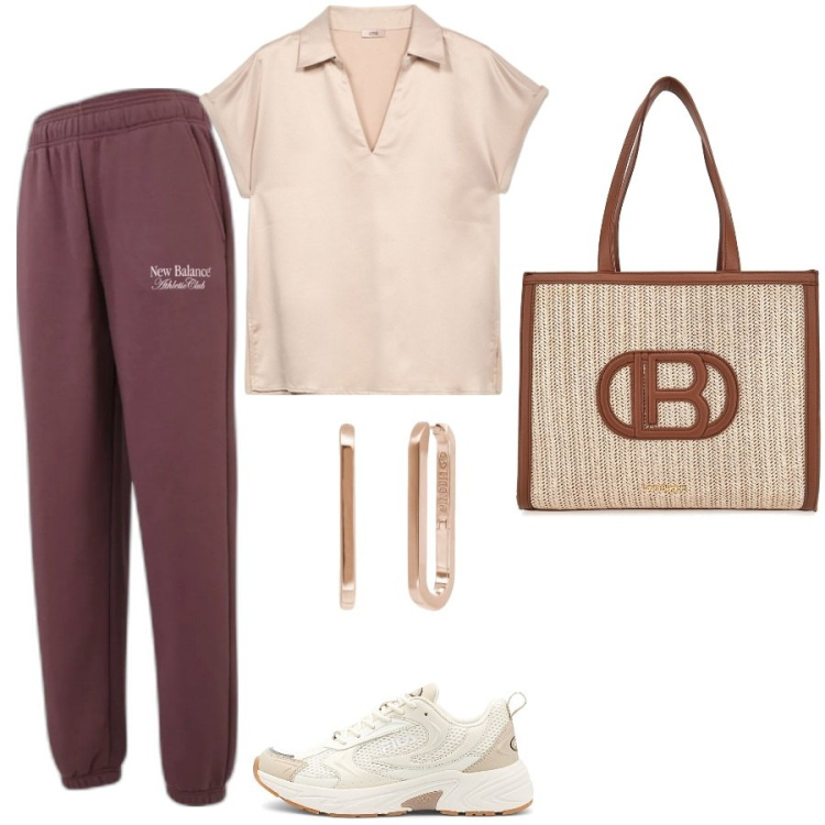 Outfit donna - Mix di capi. Stile Sporty chic per Tutti i giorni. Abbinamento con orecchini, pantaloni, sneakers, borse a spalla, t-shirt.