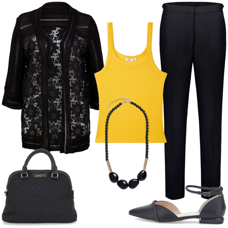 Outfit donna - Maxi cardigan ricamato per la sera. Stile Casual chic per Serata fuori. Abbinamento con cardigans, canottiere, ballerine, pantaloni, borse a spalla, collane.