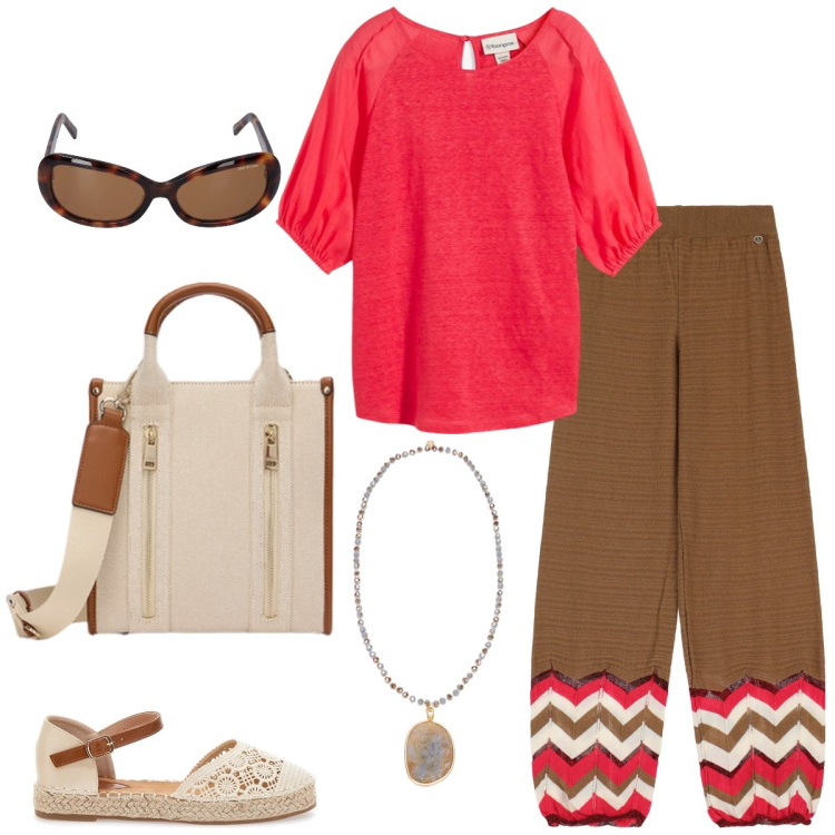 Outfit donna - Zig zag. Stile Casual per Tutti i giorni. Abbinamento con bluse, pantaloni, espadrillas, borse tote, occhiali da sole, ciondoli.