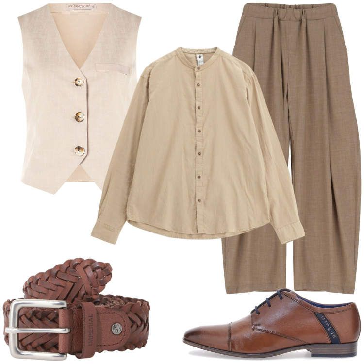 Outfit uomo - Colori naturali. Stile Trendy per Tutti i giorni. Abbinamento con gilet, pantaloni, cinture, camicie, scarpe stringate.