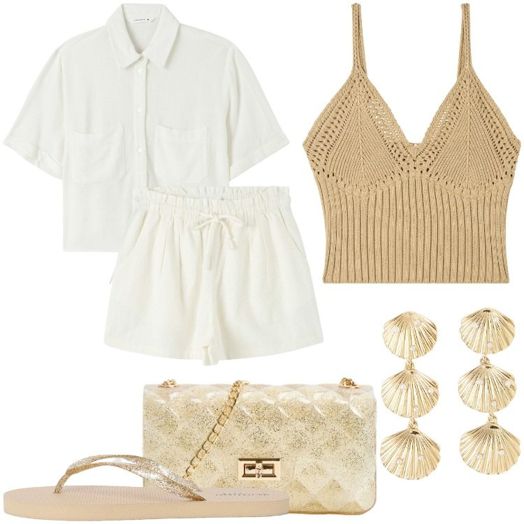 Outfit donna - Per brillare al sole d\'estate. Stile Glamour per Mare. Abbinamento con shorts, orecchini, top, camicie a manica corta, borse a tracolla, infradito.
