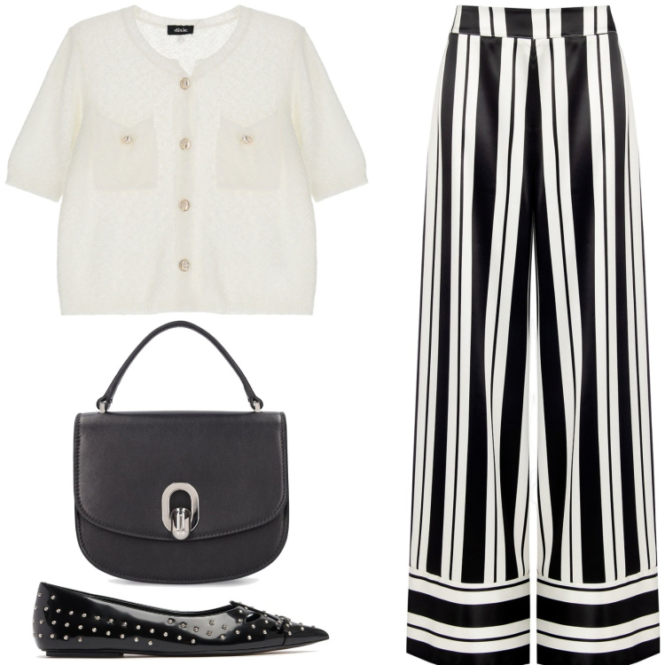Outfit donna - Maxi righe verticali. Stile Casual chic per Tutti i giorni. Abbinamento con pantaloni a palazzo, cardigans, borse a mano, ballerine.