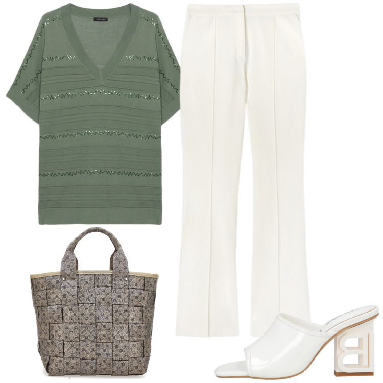 Outfit donna - Look per la domenica. Stile Casual chic per Tutti i giorni. Abbinamento con sandali in pelle, bluse, borse a mano, pantaloni.