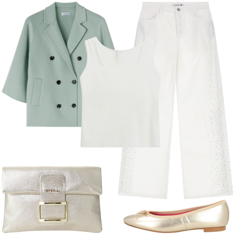 Outfit donna - Verde salvia e bianco. Stile Casual chic per Tutti i giorni. Abbinamento con ballerine, pantaloni, pochette, canottiere, cappotti.