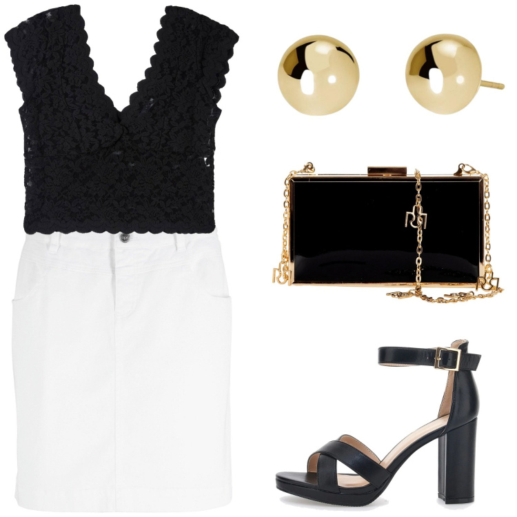 Outfit donna - Serata aperitivo. Stile Casual chic per Serata fuori. Abbinamento con minigonne, t-shirt, orecchini, pochette, sandali col tacco.