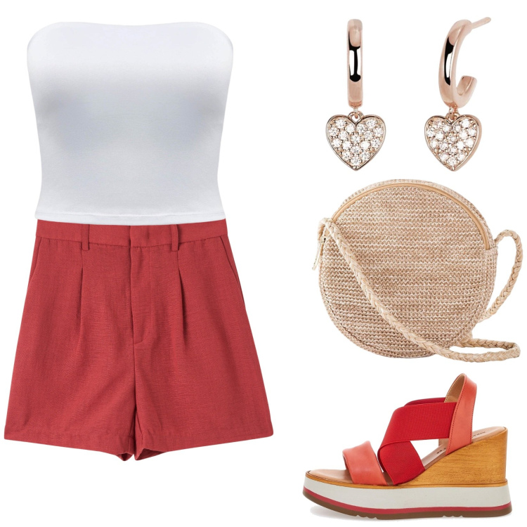 Outfit donna - Shorts di giorno. Stile Casual per Tutti i giorni. Abbinamento con borse a tracolla, bermuda, top, orecchini, sandali.