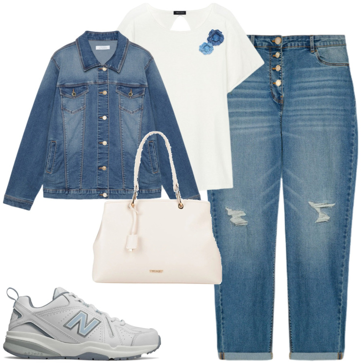 Outfit donna - City. Stile Casual chic per Tutti i giorni. Abbinamento con borse a mano, sneakers, jeans strappati, t-shirt, blazer.