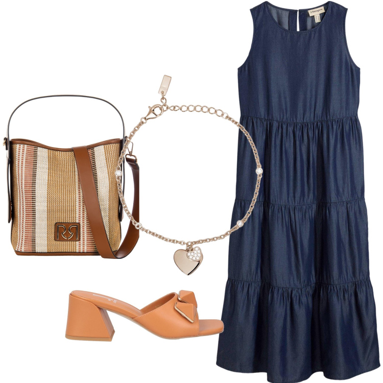 Outfit donna - Total look #2122735. Stile Bon Ton per Tutti i giorni. Abbinamento con vestiti midi/longuette, sandali in pelle, braccialetti con ciondoli, borse a secchiello.