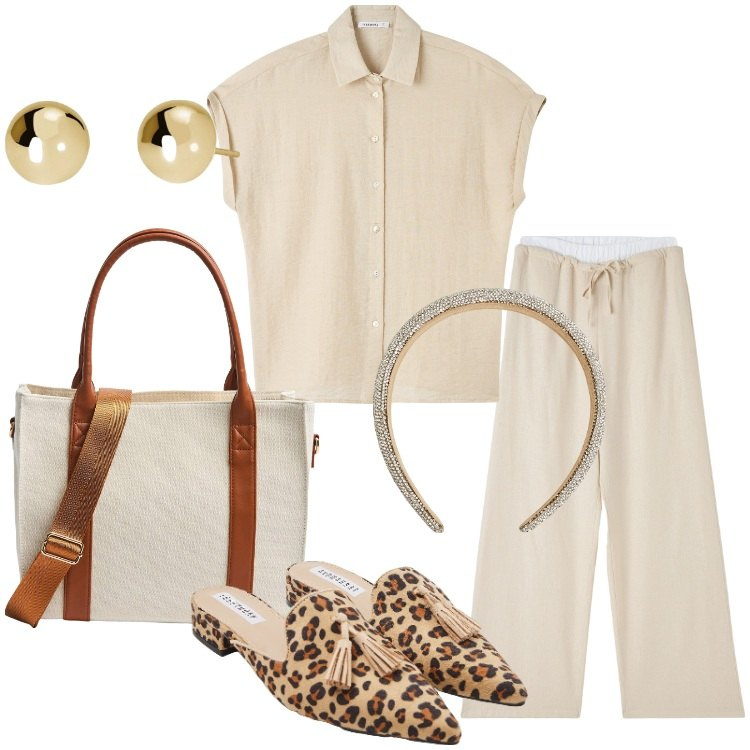 Outfit donna - Terranova - Vacanze italiane. Stile Basic per Tutti i giorni. Abbinamento con sabot, pantaloni, camicie a manica corta, shopping bag, cerchietti, orecchini.