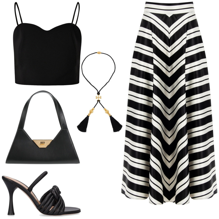 Outfit donna - Serata glamour. Stile Glamour per Serata fuori. Abbinamento con collane, borse a mano, top, gonne, sandali in pelle.