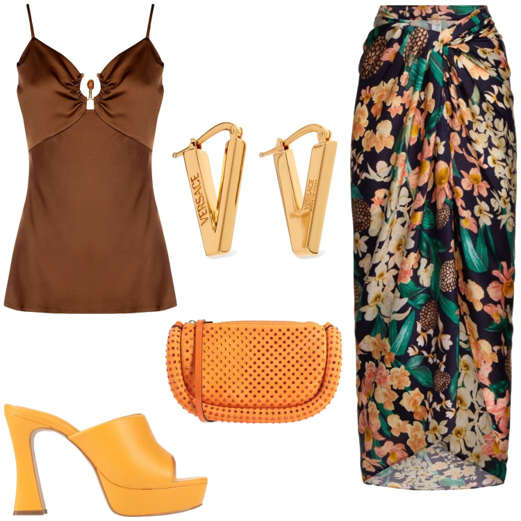 Outfit donna - Festa in spiaggia. Stile Glamour per Serata fuori. Abbinamento con sandali in pelle, borse a tracolla, top, gonne, orecchini.