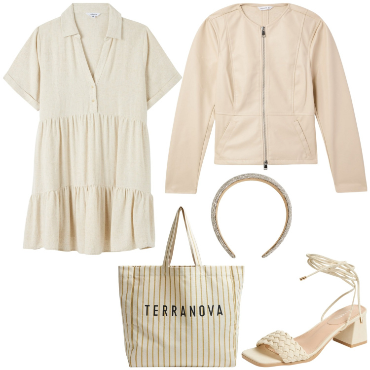 Outfit donna - Terranova - Vacanze italiane. Stile Minimal per Tutti i giorni. Abbinamento con vestiti chemisier, blazer, sandali alla schiava, borse tote, cerchietti.
