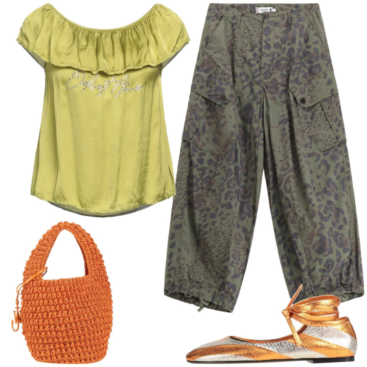 Outfit donna - Stile in città. Stile Casual chic per Tutti i giorni. Abbinamento con top, borse a mano, ballerine, pantaloni cargo.