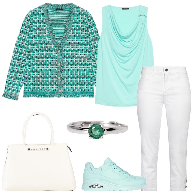 Outfit donna - Sportiva. Stile Sporty chic per Tutti i giorni. Abbinamento con jeans dritti, borse a mano, anelli, sneakers, cardigans, top.