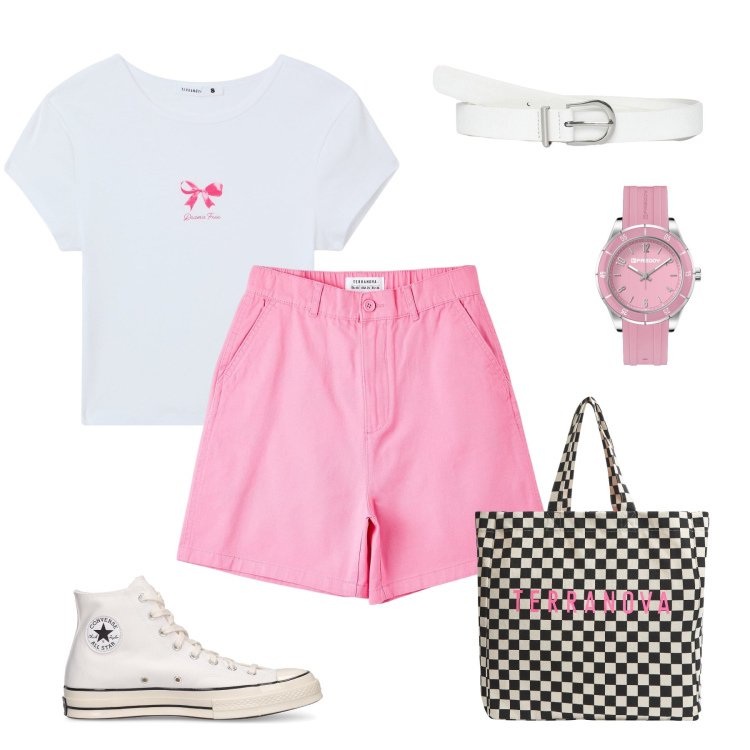 Outfit donna - Total look #2122774. Stile Casual per Tutti i giorni. Abbinamento con t-shirt, bermuda, shopping bag, cinture, orologi, sneakers.