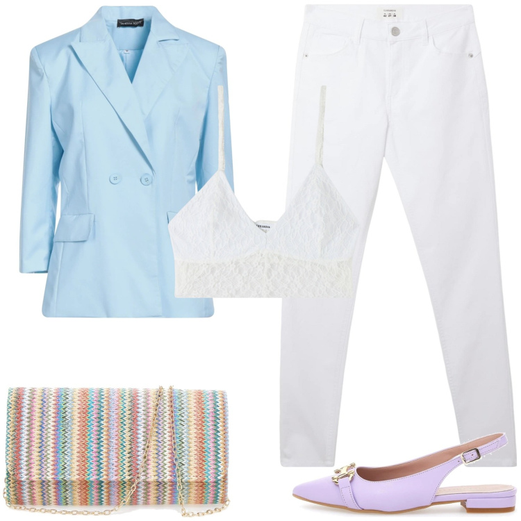 Outfit donna - Arcobaleno. Stile Casual chic per Tutti i giorni. Abbinamento con blazer, top, pantaloni, ballerine, pochette.