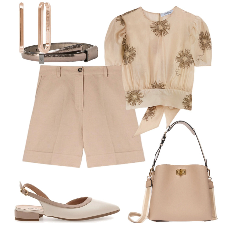 Outfit donna - Minimal chic. Stile Minimal per Tutti i giorni. Abbinamento con orecchini, ballerine, bluse, shorts, borse a secchiello, cinture.