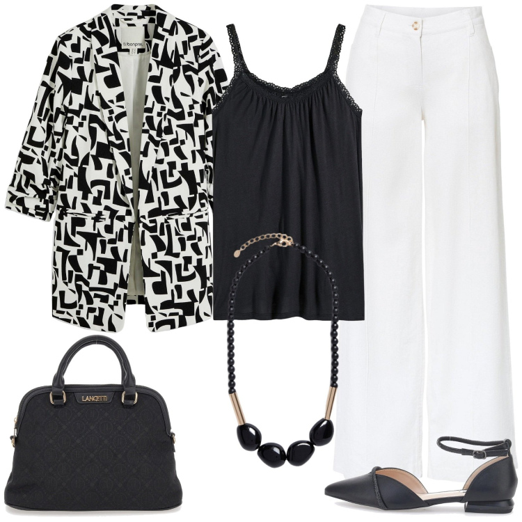 Outfit donna - Giacca over. Stile Casual chic per Cerimonia. Abbinamento con pantaloni a palazzo, blazer, top, borse a spalla, ballerine, collane.