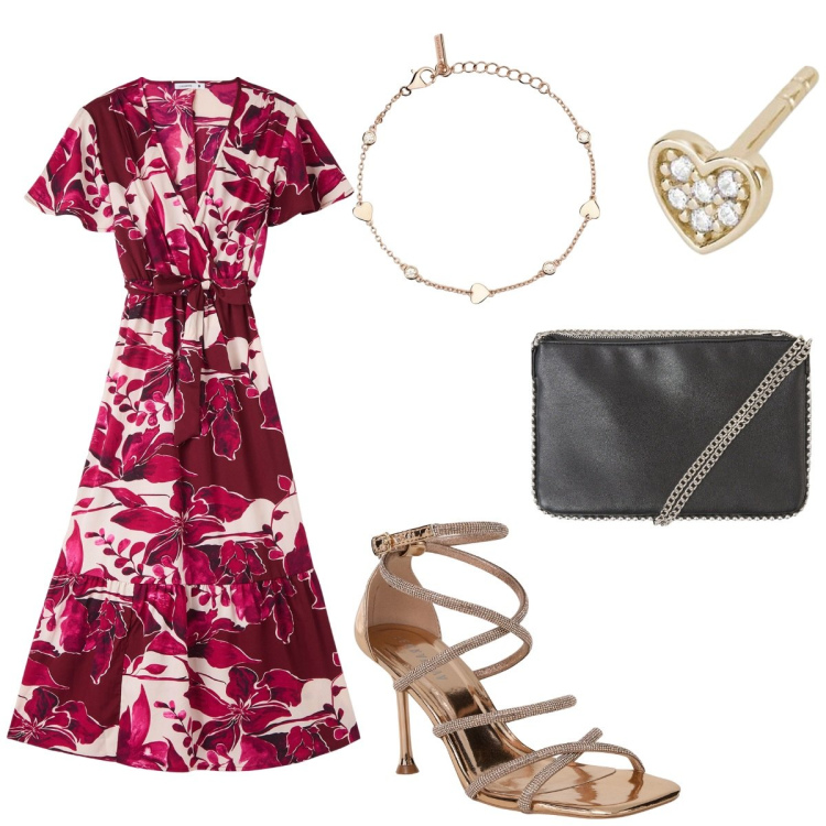 Outfit donna - Comunione di maggio. Stile Romantica per Cerimonia. Abbinamento con borse a tracolla, sandali col tacco, vestiti lunghi, braccialetti, orecchini.