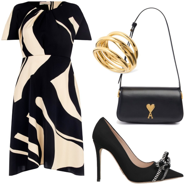 Outfit donna - Cerimonia in primavera. Stile Chic per Cerimonia. Abbinamento con décolleté, vestiti corti, anelli, borse a spalla.