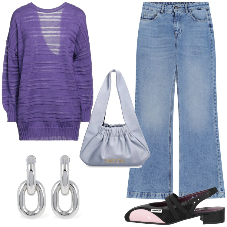 Outfit donna - Sporty chic. Stile Sporty chic per Tutti i giorni. Abbinamento con pullovers, ballerine, jeans, orecchini, borse a spalla.