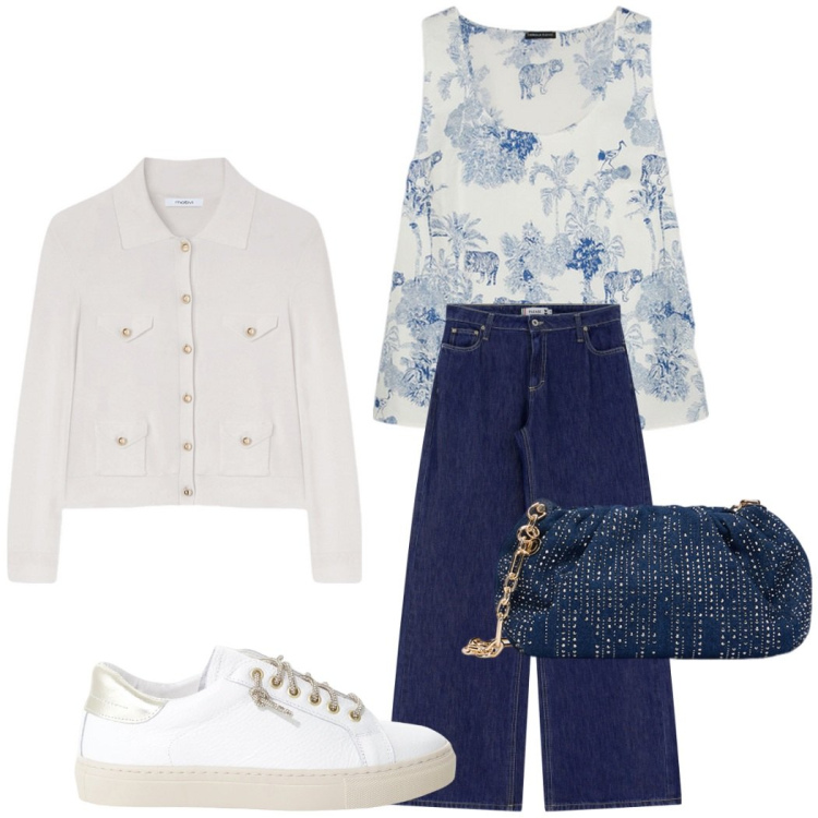 Outfit donna - Intramontabile bianco e jeans. Stile Casual chic per Tutti i giorni. Abbinamento con jeans, sneakers, top, clutch, cardigans.