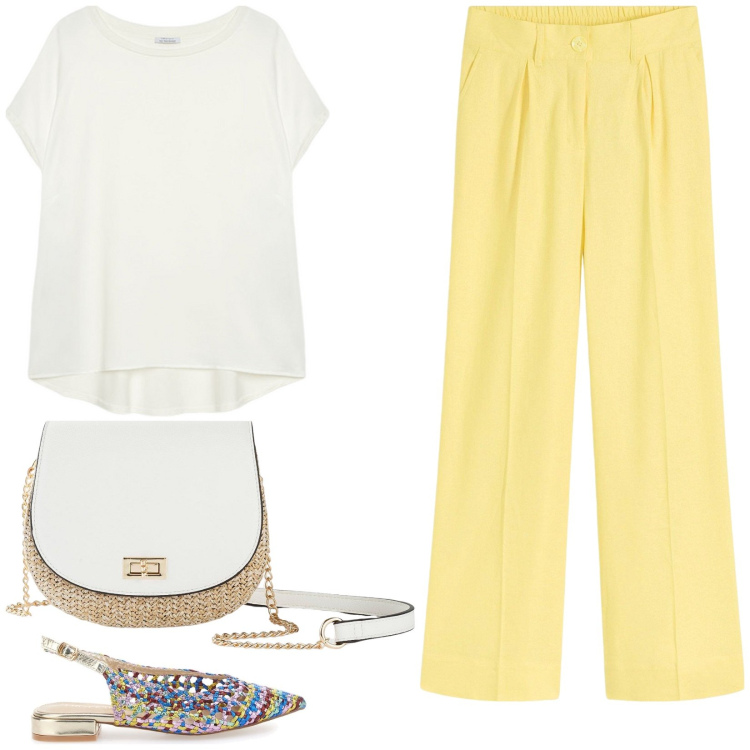 Outfit donna - Slingback arcobaleno. Stile Casual chic per Tutti i giorni. Abbinamento con pantaloni a palazzo, borse a tracolla, ballerine, bluse.