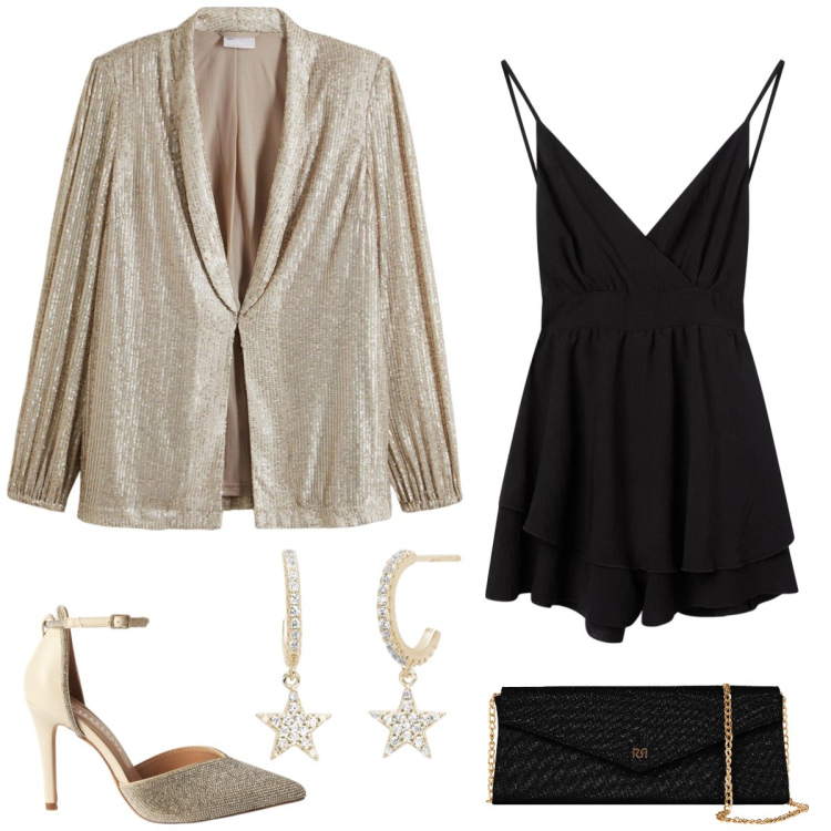 Outfit donna - Serata in tuta. Stile Sexy per Serata fuori. Abbinamento con blazer, décolleté, tuta corta, orecchini, pochette.