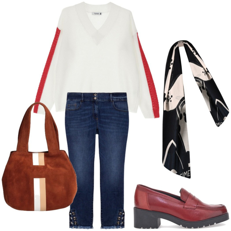 Outfit donna - In ufficio. Stile Casual chic per Ufficio. Abbinamento con borse a mano, sciarpe, pullovers, jeans skinny, mocassini.